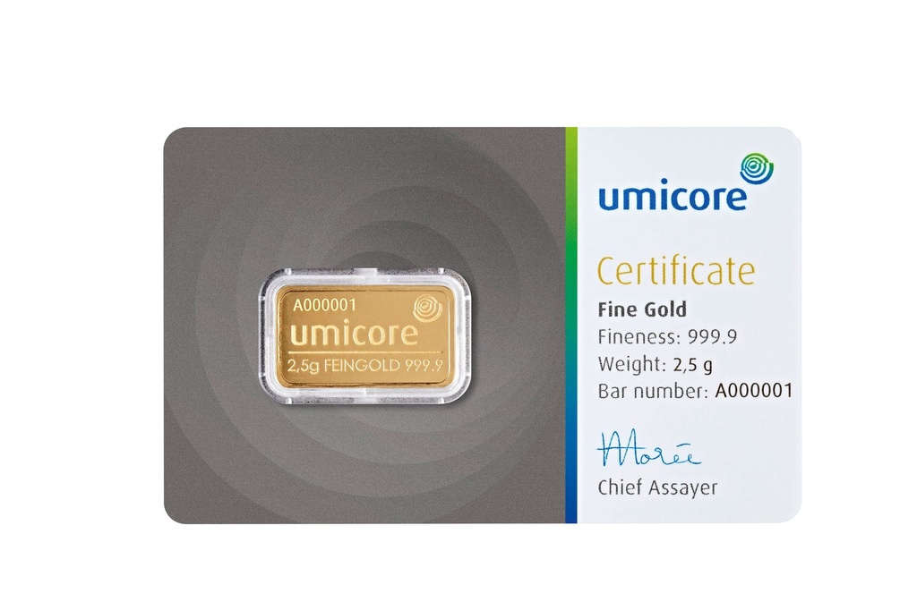 Umicore 2,5g Goldbarren packung1