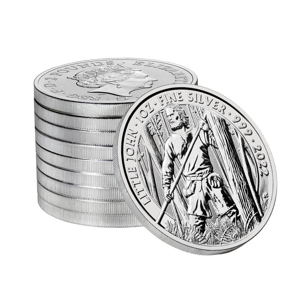 2021 Bullion Little John 1oz Silver Coin reverse on edge white stack - uks54899