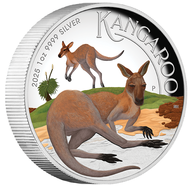 Australien Känguru 1 Unze Silbermünze 2025 coloriert Polierte Platte - High Relief