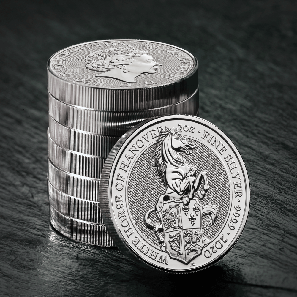 The_Queen's_Beasts_White_Horse_of_Hanover_2020_UK_Silver_Two_Ounce_Bullion_Coin_stack