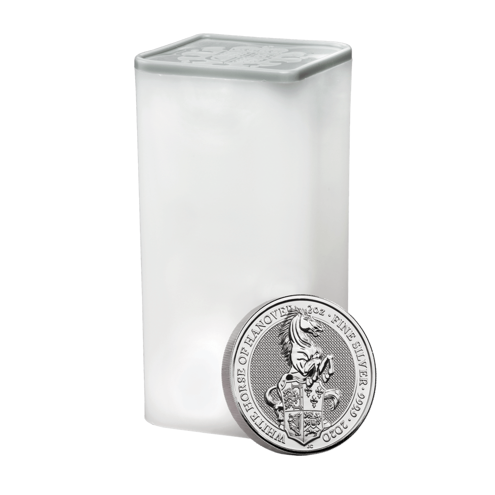 The_Queen's_Beasts_White_Horse_of_Hanover_2020_UK_Silver_Two_Ounce_Bullion_Coin_stack