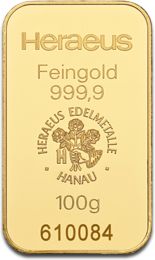 100g Gold Bar Heraeus with Certificate