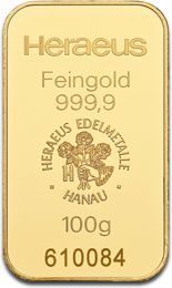 100g Gold Bar Heraeus with Certificate