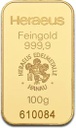 100g Gold Bar Heraeus with Certificate
