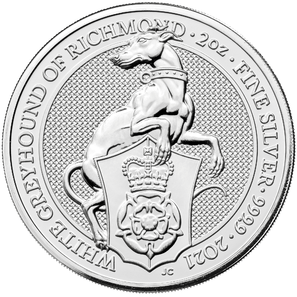 Queen's Beasts White Greyhound of Richmond 2oz Silver Coin 2021 margin scheme