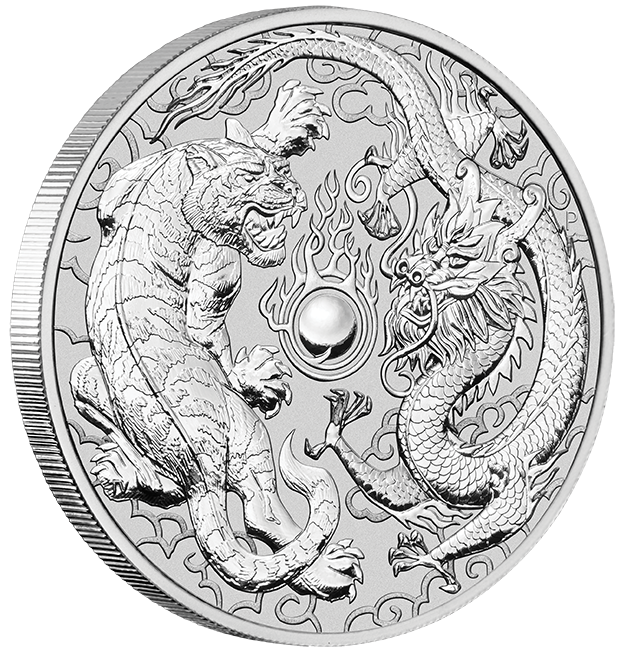 Australian "Chinese Myth & Legends" Dragon and Tiger 1oz Silver Coin 2018 margin scheme