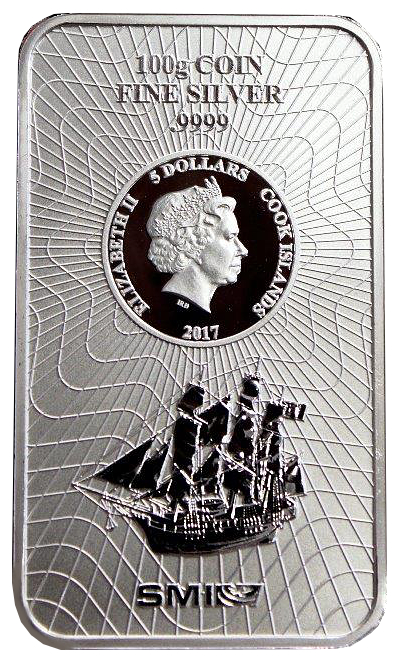 100g  Silver Coin Bar Cook Island - margin scheme