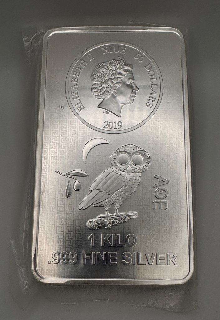 1 kilo Silver Coin Bar Niue Owl of Athens - margin scheme