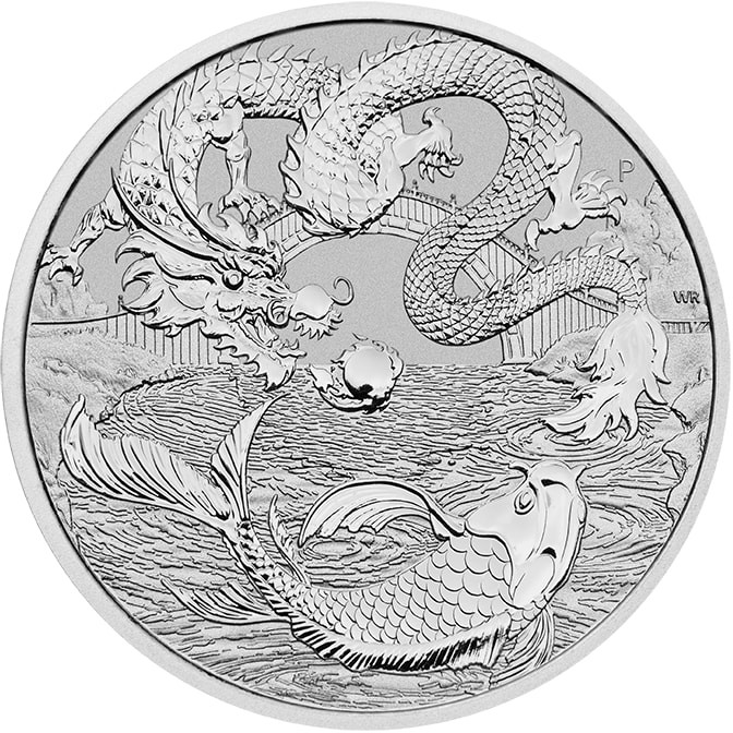 Australian &quot;Chinese Myths &amp; Legends&quot; Dragon and Koi 1oz Silver Coin 2023 margin scheme