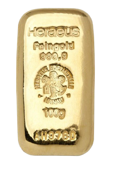 100 g Gold Bar Heraeus with Certificate casted