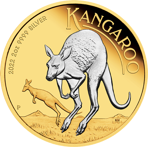 Australian Kangaroo 2oz Silver coin 2022 gilded margin scheme